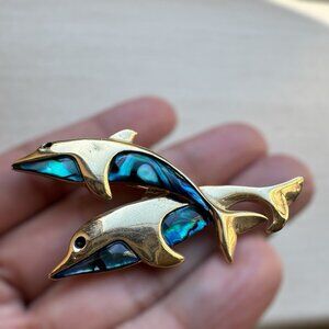 VTG Dolphin Brooch MOP Shell Inlay Shade Of Blue Gold Tone Boho Coastal 2.25"